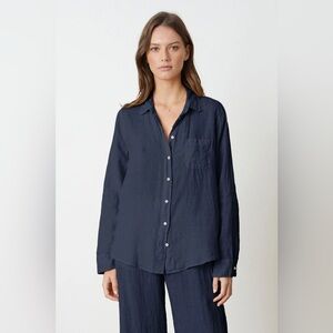 Velvet by Graham & Spencer Linen Button Front Shirt Navy Made in USA Small